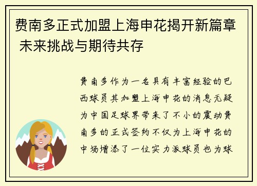 费南多正式加盟上海申花揭开新篇章 未来挑战与期待共存